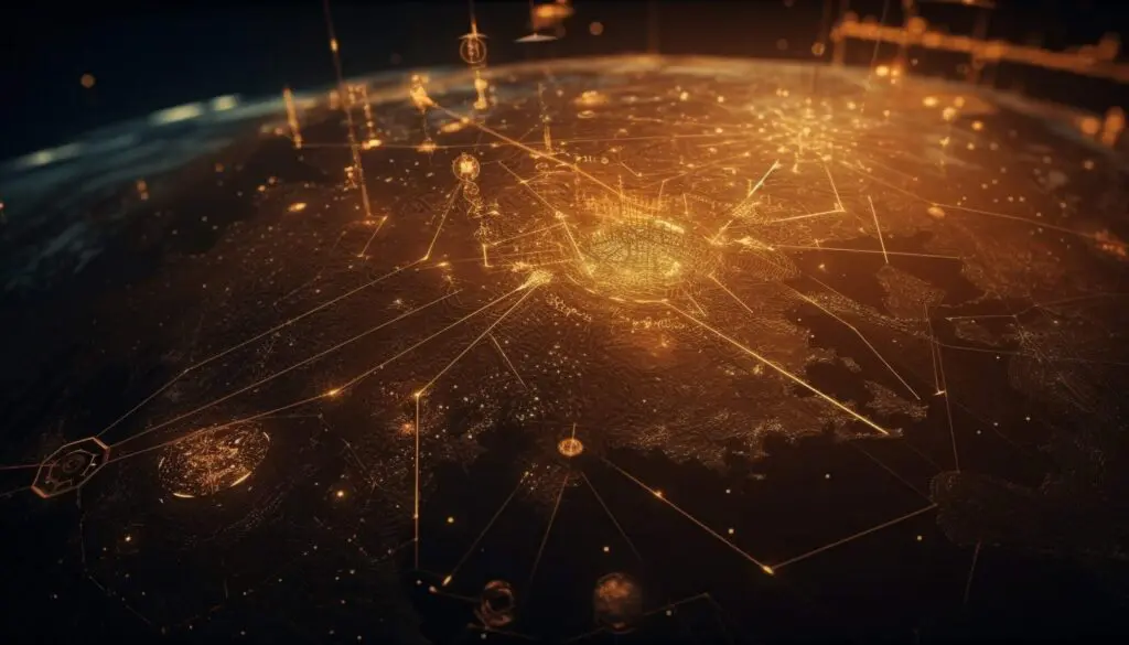 Global digital network visual showing interconnected data points, technology infrastructure, and communication lines.