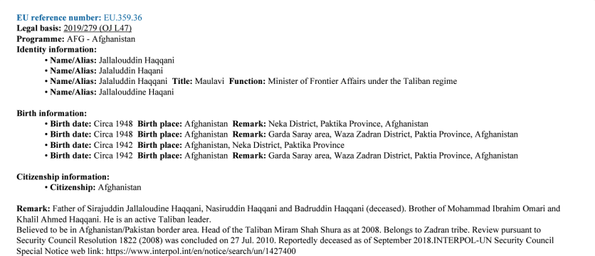 Jalaluddin Haqqani on the EU European Commission Financial Sanctions Consolidated List